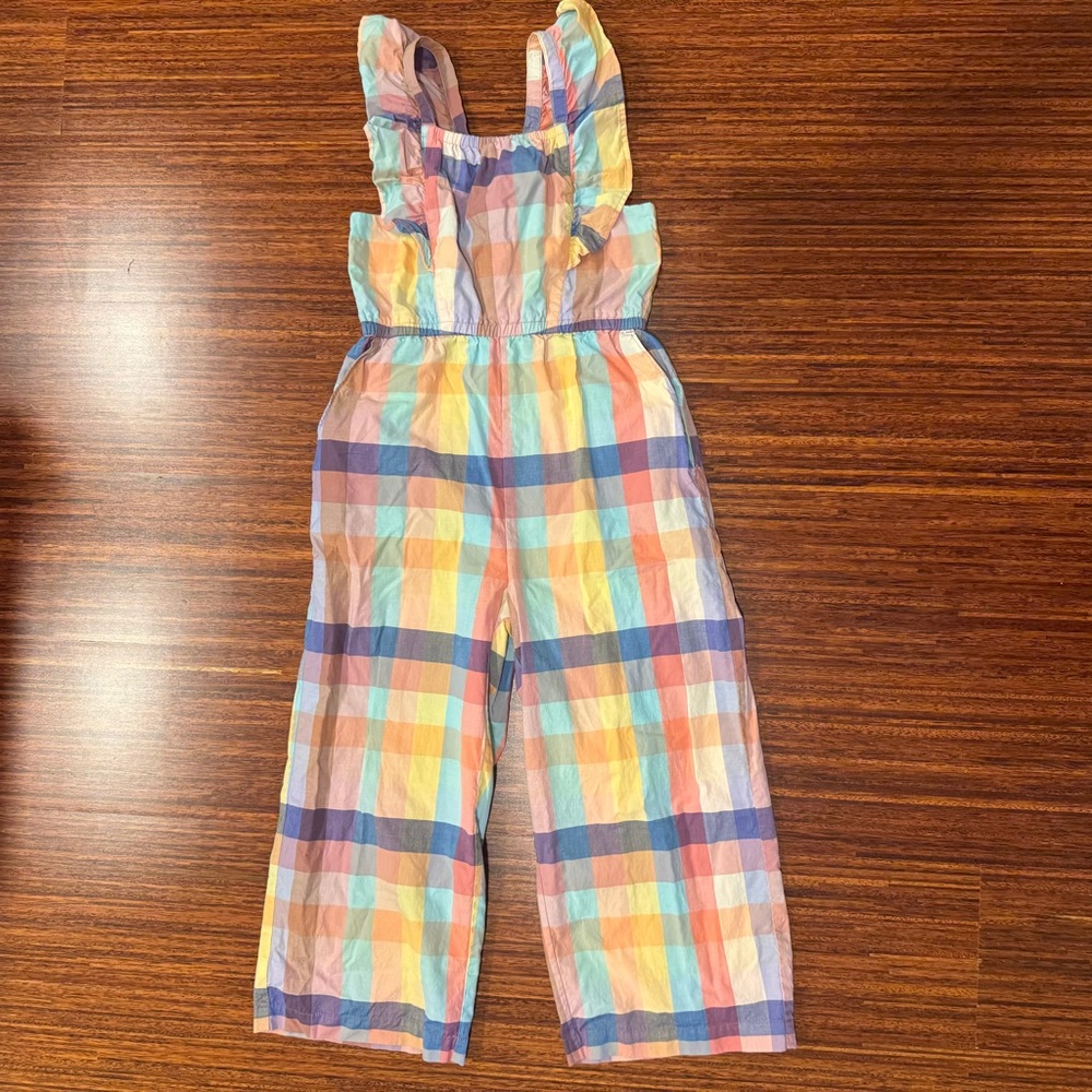 Tea Collection Flutter Strap Jumpsuit in the Feliz Familia Plaid pattern 10 EUC